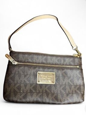 Michael Kors Brown Logo Wristlet with Gold Plaque